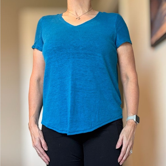 Eileen Fisher Teal V-Neck Short Sleeve Top - Picture 3 of 12